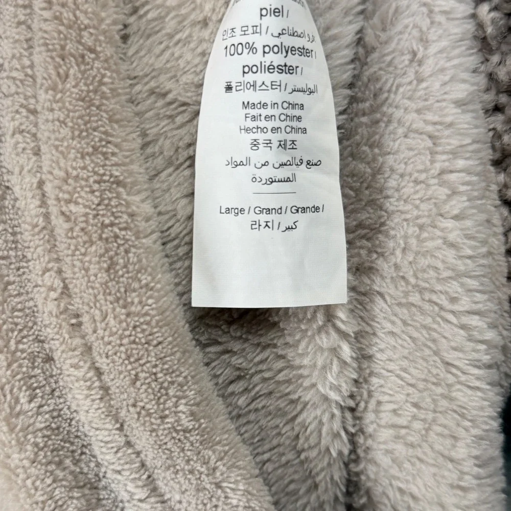 Pottery Barn Robe Women Large Gray Plush Faux Fur Trim Hooded Belted Long Fleece